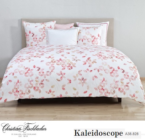 Christian Fischbacher Caleidoscope A38.828,kleur, zalm,rose, satin overtrek, wit satijn dekbedovertrek,,cover, egyptisch katoen,zijdezacht, dealer bot zwaag, slaapkenner.